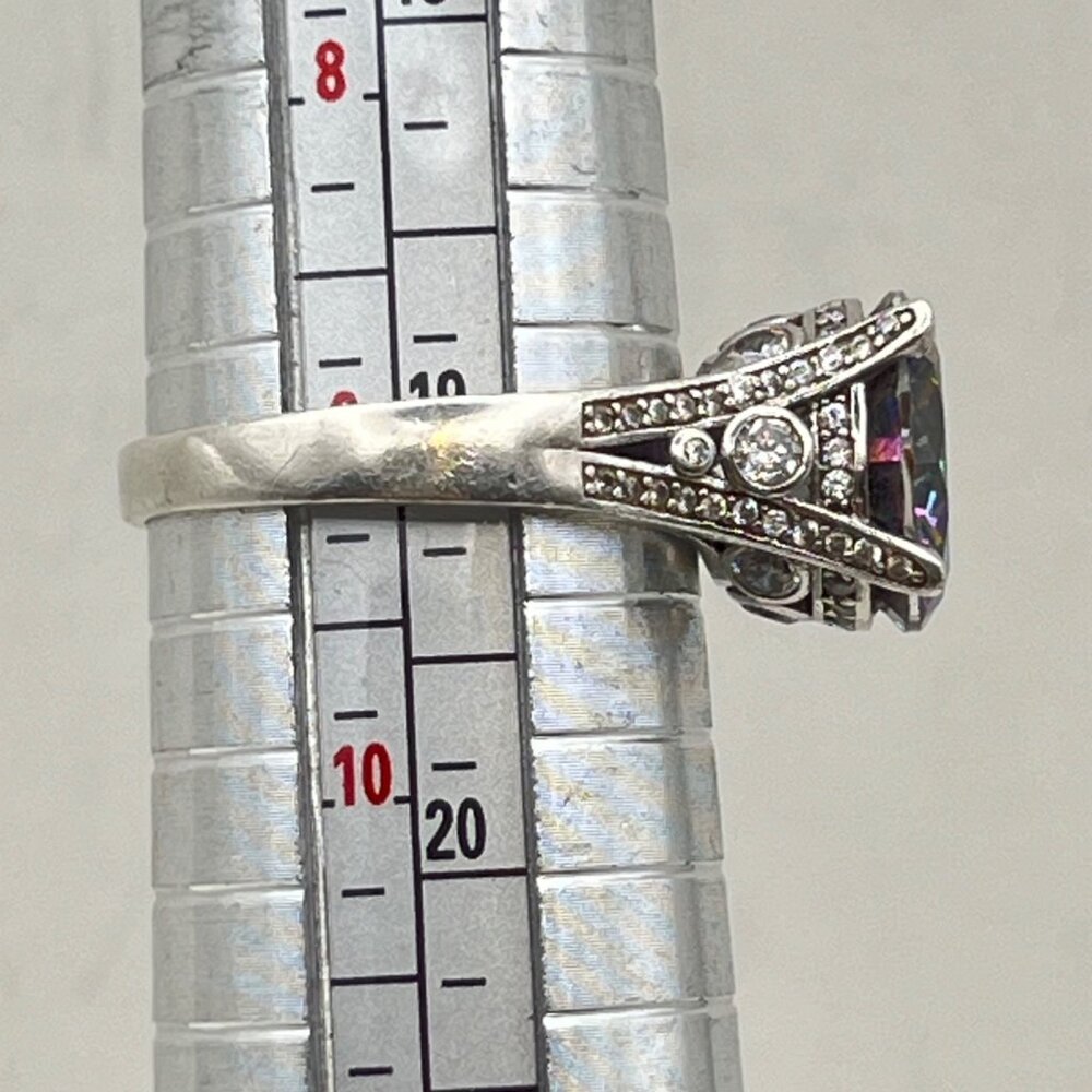 Sterling Silver Mystic Topaz Ring Sz 9 Rainbow 12mm Stone CZ Accents Art Deco - Picture 9 of 13